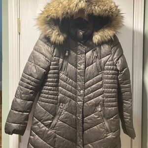 Women's Metallic Gray Puffer Coat with Faux Fur Hood